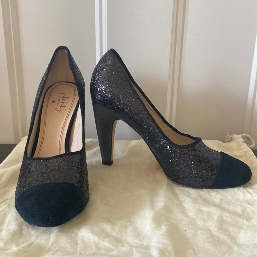 ANTHROPOLOGIE black glitter heels with suede cap toe Plenty by Tracy Reese